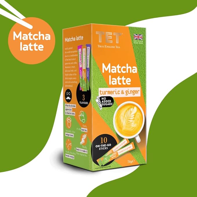 TET Matcha Latte Tumeric& Ginger, Green Tea Based Drink, 10 x 7g Sticks