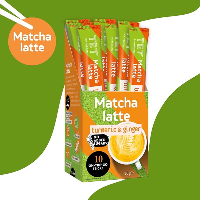 TET Matcha Latte Tumeric& Ginger, Green Tea Based Drink, 10 x 7g Sticks